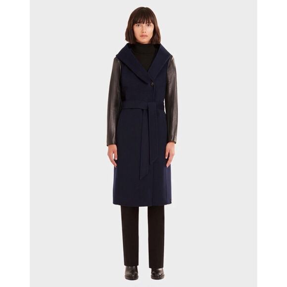 RUDSAK Modina Hooded Coat with Leather Sleeves in Night Blue Small